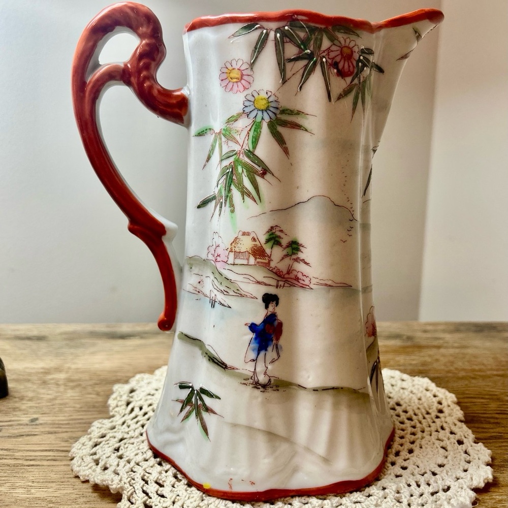 Vintage Floral Ceramic Pitcher with Red Handle - Picture 4 of 8